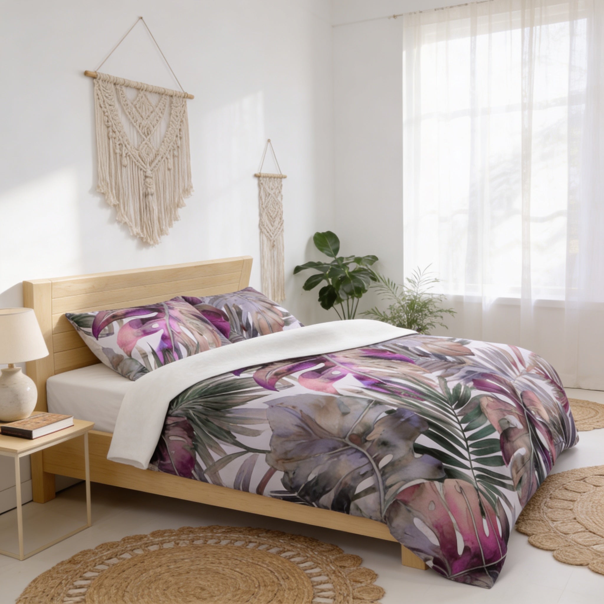 a bedroom with a large bed covered in a colorful, tropical-themed comforter. The bed is positioned against a wall with a macrame wall hanging above it. The room also features a window, a plant, and a woven rug on the floor.
