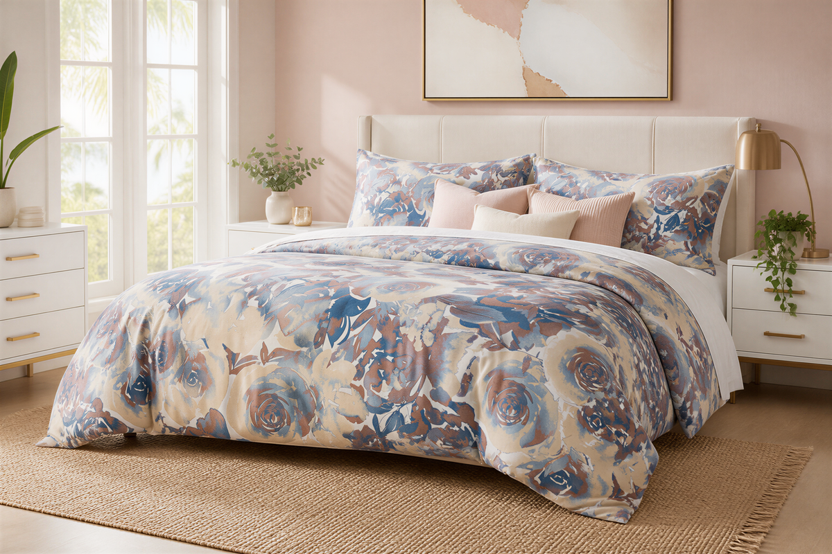 a bedroom with a large bed, a floral comforter, and a wooden headboard. The room has a neutral color scheme with white walls and a beige carpet. There are two nightstands with lamps, and the room is decorated with potted plants and a large painting on the wall.