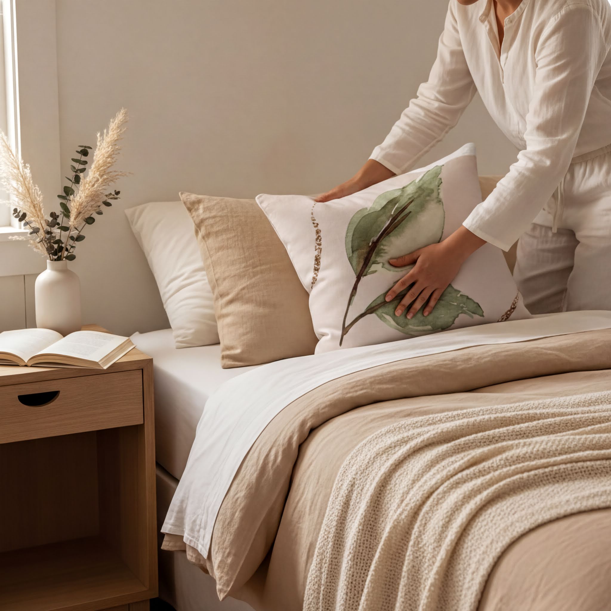A person is arranging pillows on a bed with a white and beige color scheme.