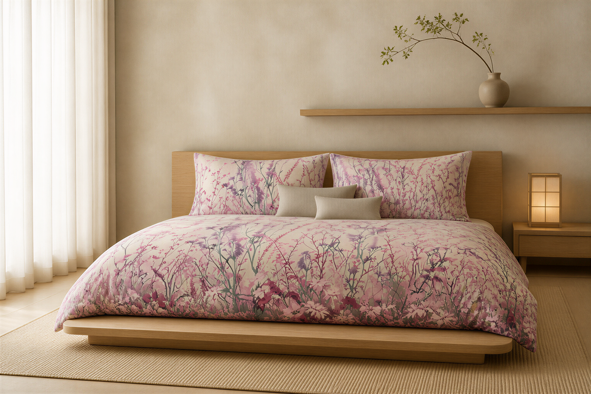 a serene and modern bedroom with a large bed adorned with a floral print comforter and pillows. The bed is positioned against a wall with a shelf above it, which houses a vase with a plant. The room has a minimalist and clean design, with a wooden floor and a window allowing natural light to fill the space.