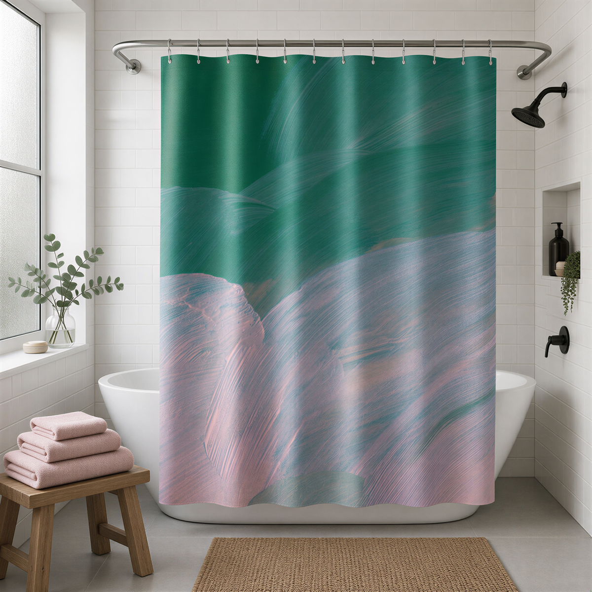 a bathroom with a shower curtain that has a colorful abstract design in shades of green and pink. The shower curtain is hanging from a rod above a white bathtub. There is a wooden stool next to the bathtub, and a potted plant is placed on the windowsill.