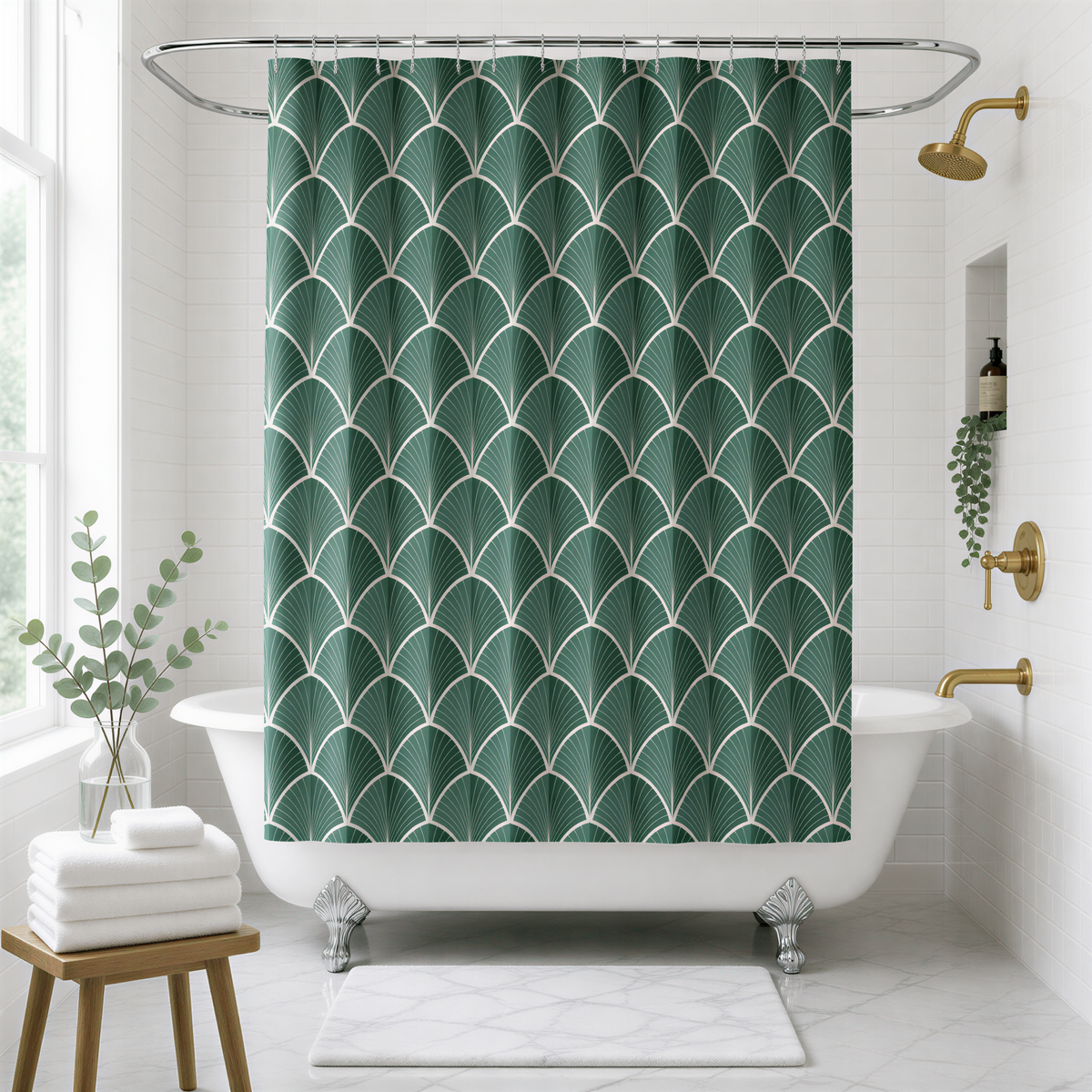 a bathroom with a white bathtub, a shower curtain with a green leaf pattern, and a wooden stool. The bathroom has white tiles and a marble floor.