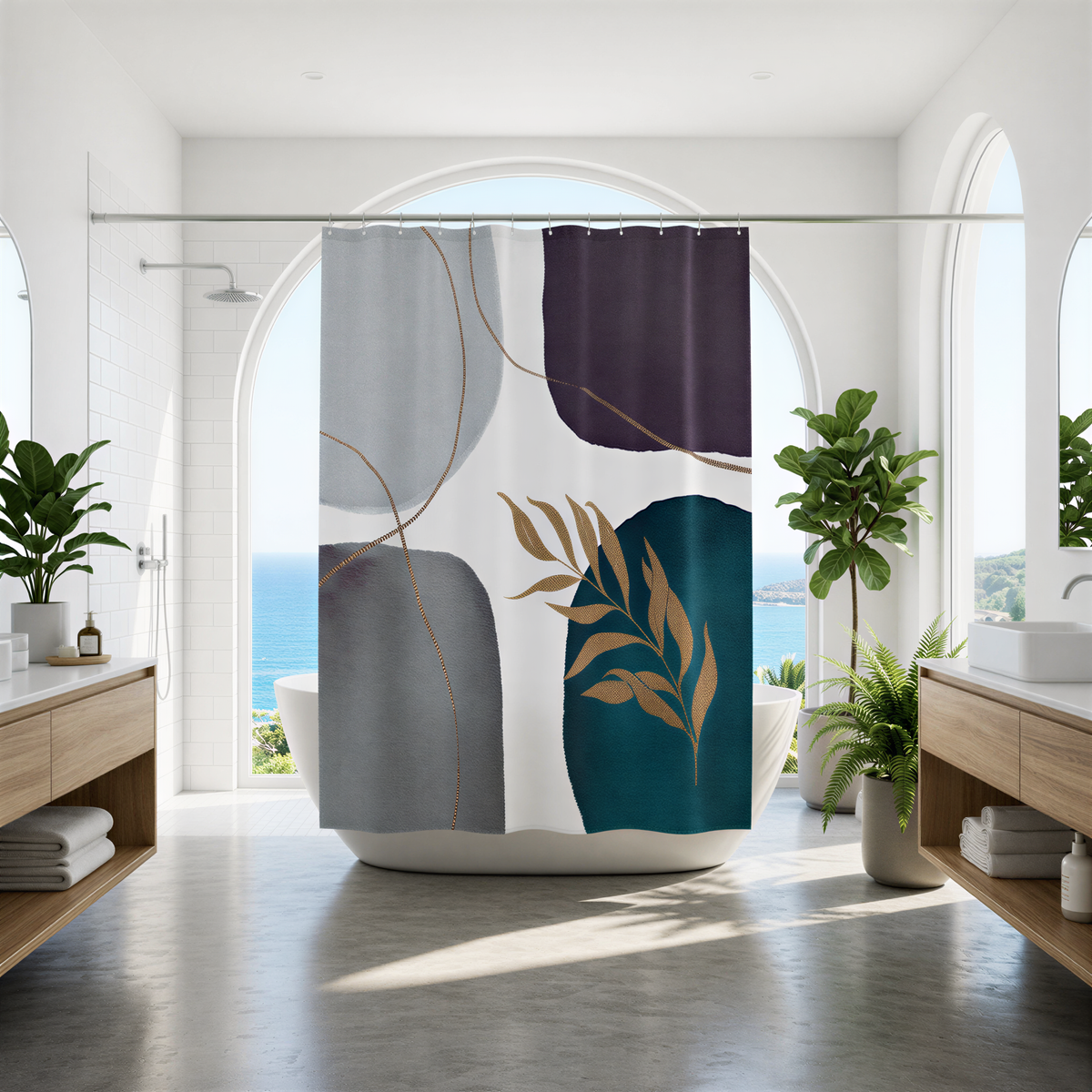 a modern bathroom with a large window overlooking the ocean, featuring a shower curtain with abstract geometric patterns in shades of gray, white, and purple.