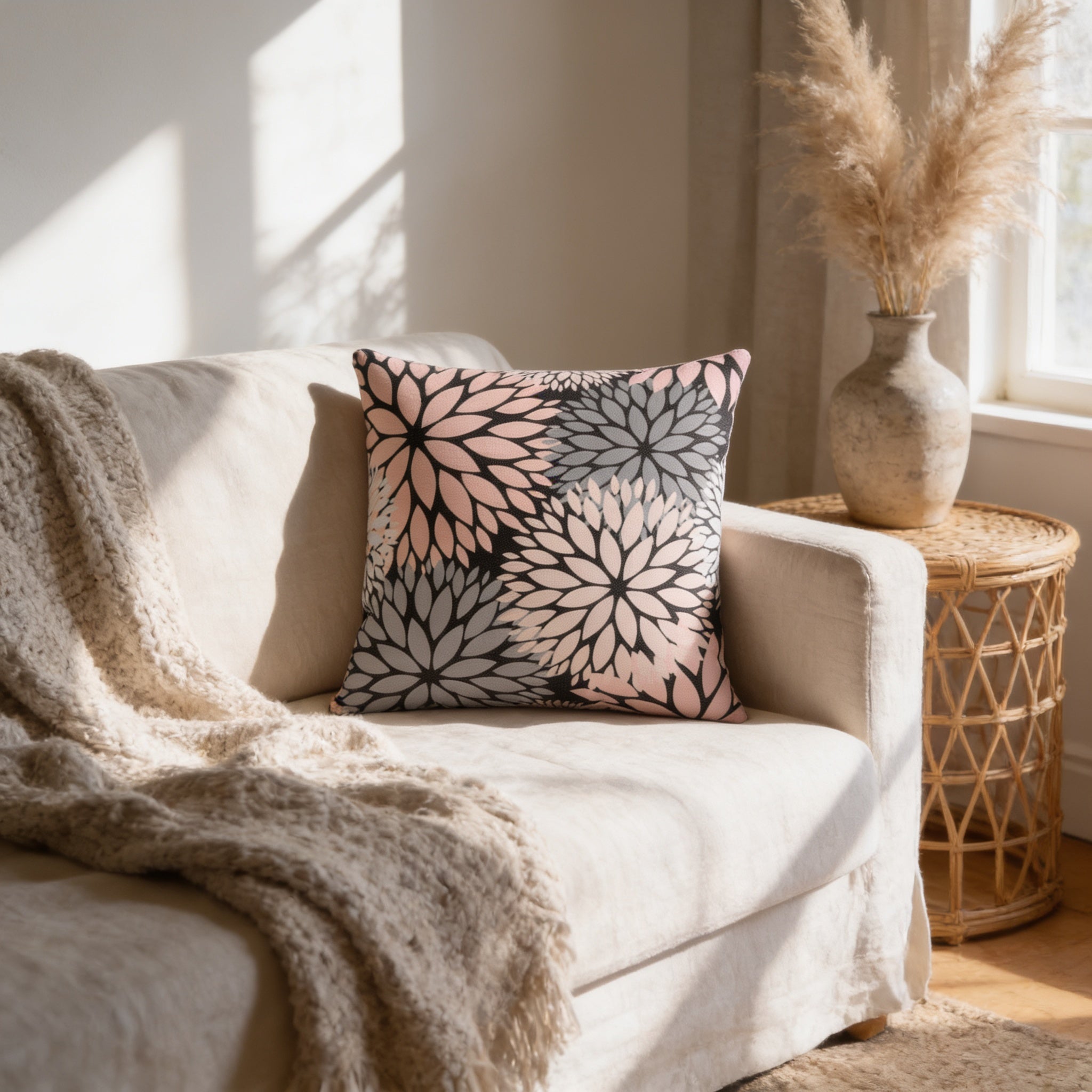 a cozy living room with a beige sofa, a decorative throw pillow with a floral pattern, and a woven side table with a vase of dried flowers.