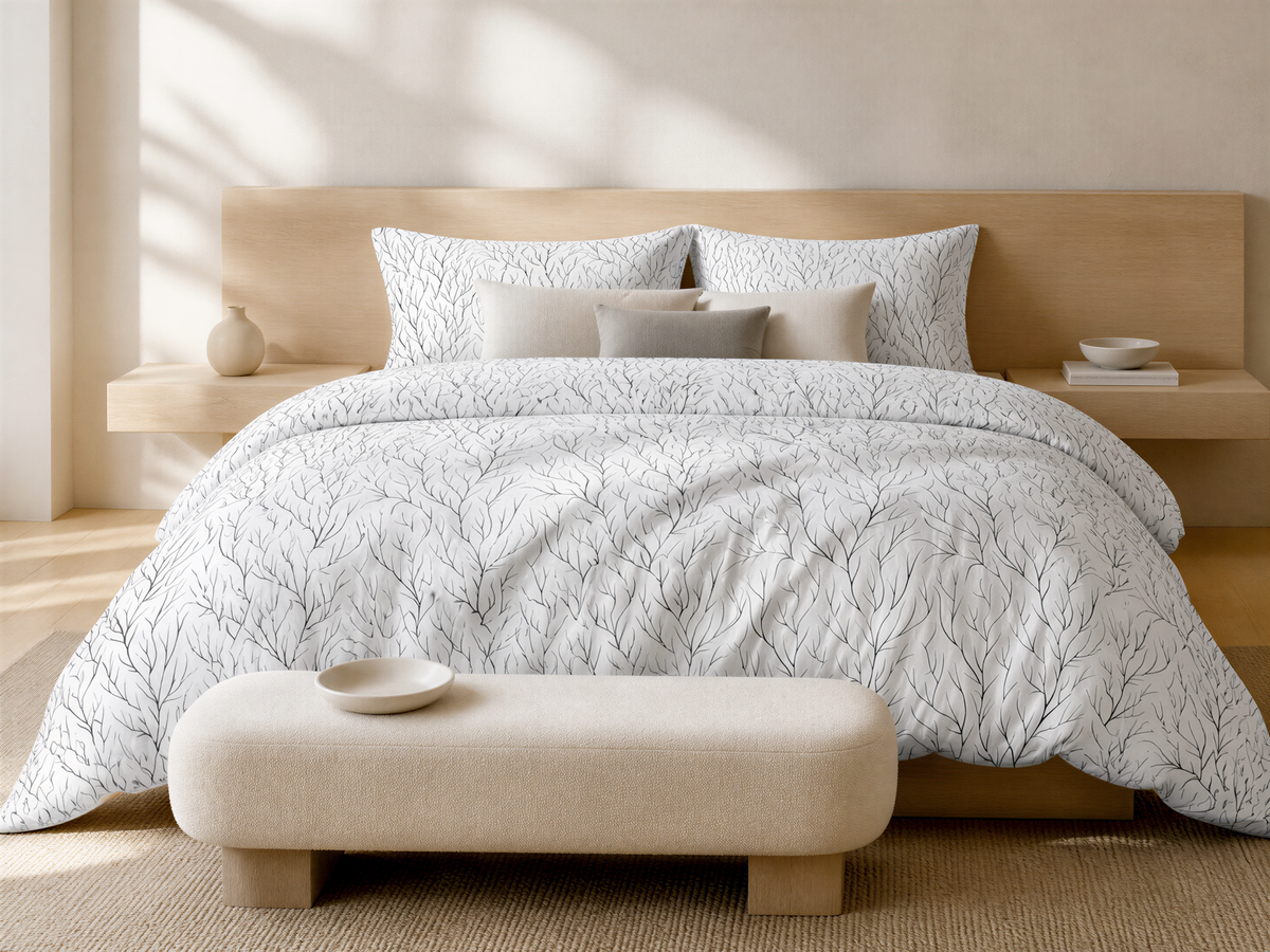 a serene and modern bedroom with a large bed adorned with a white and black tree-patterned comforter and pillows. The bed is positioned against a light-colored wall, and a wooden headboard complements the overall design. In front of the bed, there is a beige bench, and a small white bowl rests on it. The room also features a wooden shelf and a vase, adding to the minimalist and elegant aesthetic.