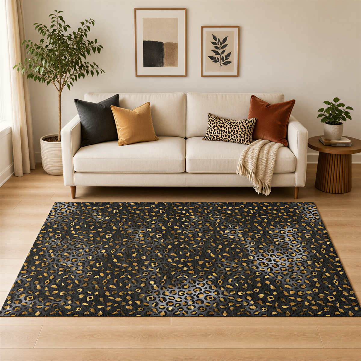 a living room with a white sofa, a large area rug with a leopard print design, and two framed artworks on the wall.