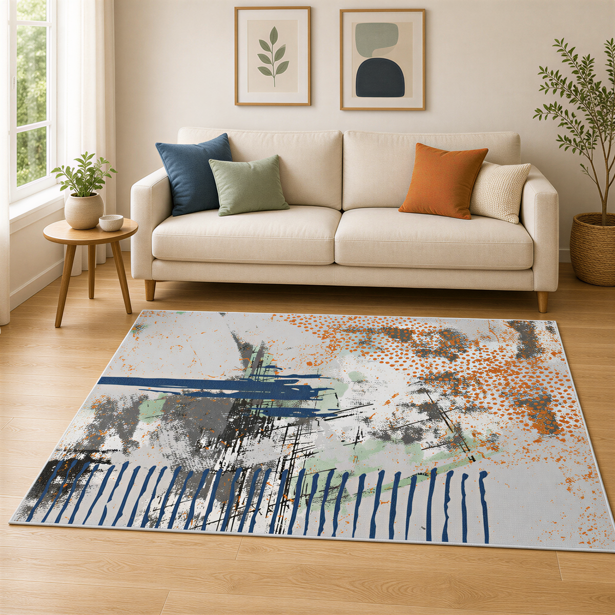 a living room with a white sofa, a large abstract rug, and two framed artworks on the wall.
