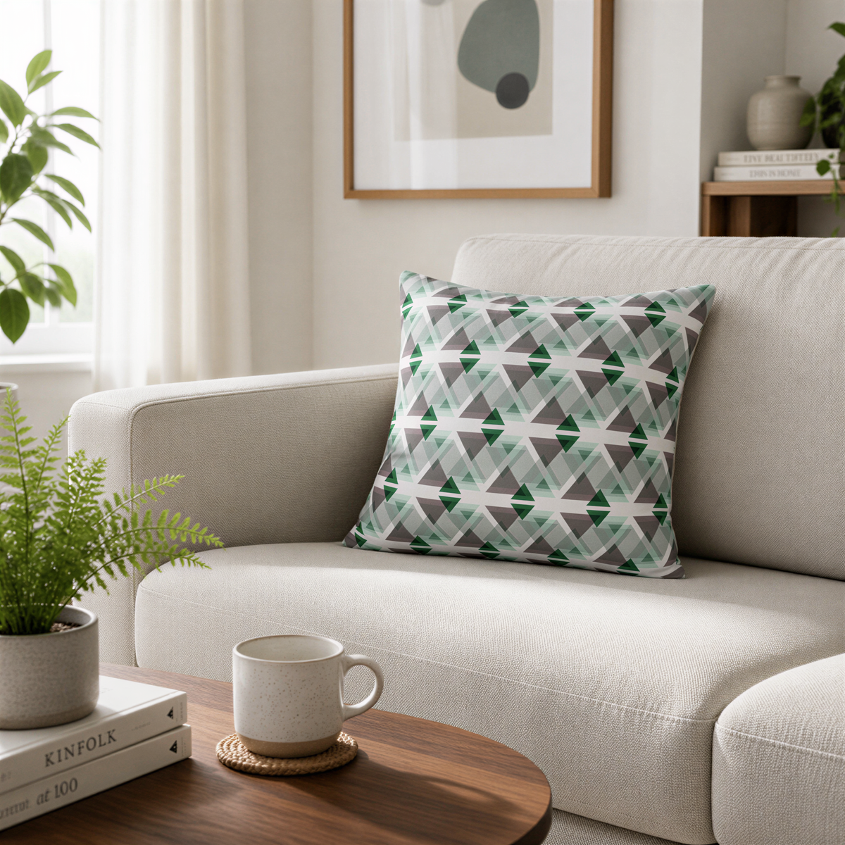 a cozy living room with a white sofa, a coffee table with a mug and a book, and a plant on the windowsill. The room has a minimalist and modern design, with a framed abstract artwork hanging on the wall and a window providing natural light.
