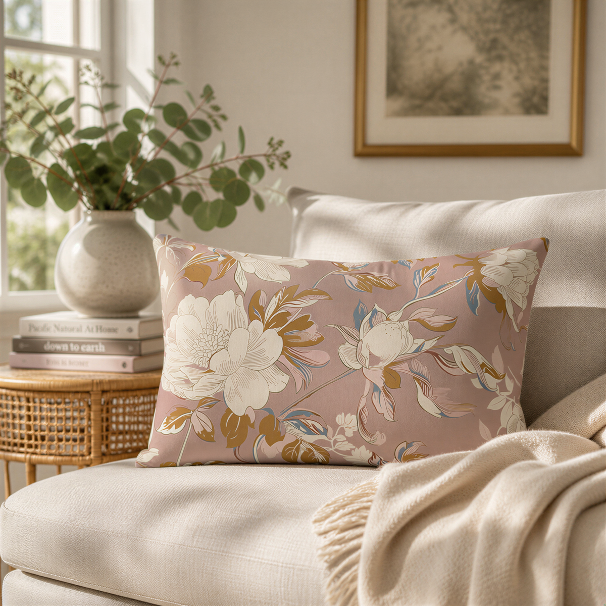 a cozy living room with a floral patterned pillow on a white couch, a woven side table with books, and a framed picture on the wall.