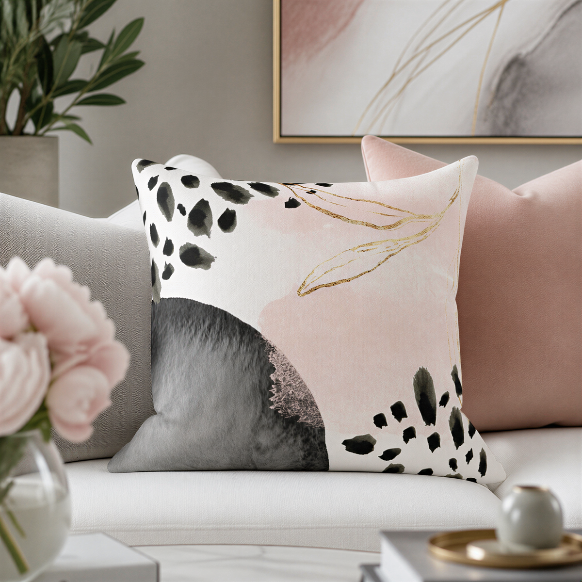 a living room with a white couch adorned with a decorative throw pillow featuring a black and white abstract design with gold accents. The room is further decorated with a potted plant, a vase of flowers, and a framed artwork on the wall.