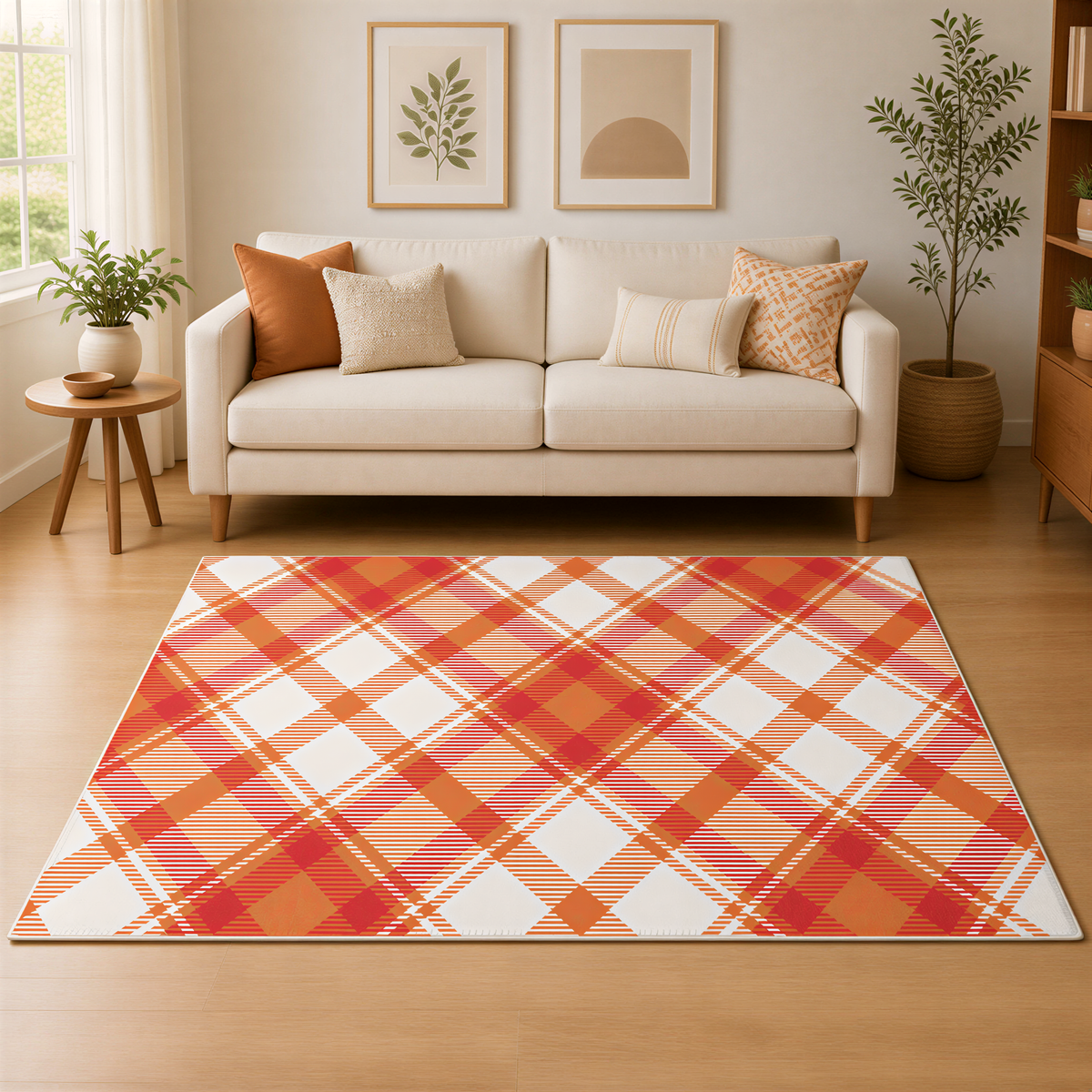 a cozy living room with a white sofa, a large orange and white plaid rug, and two framed pictures on the wall.