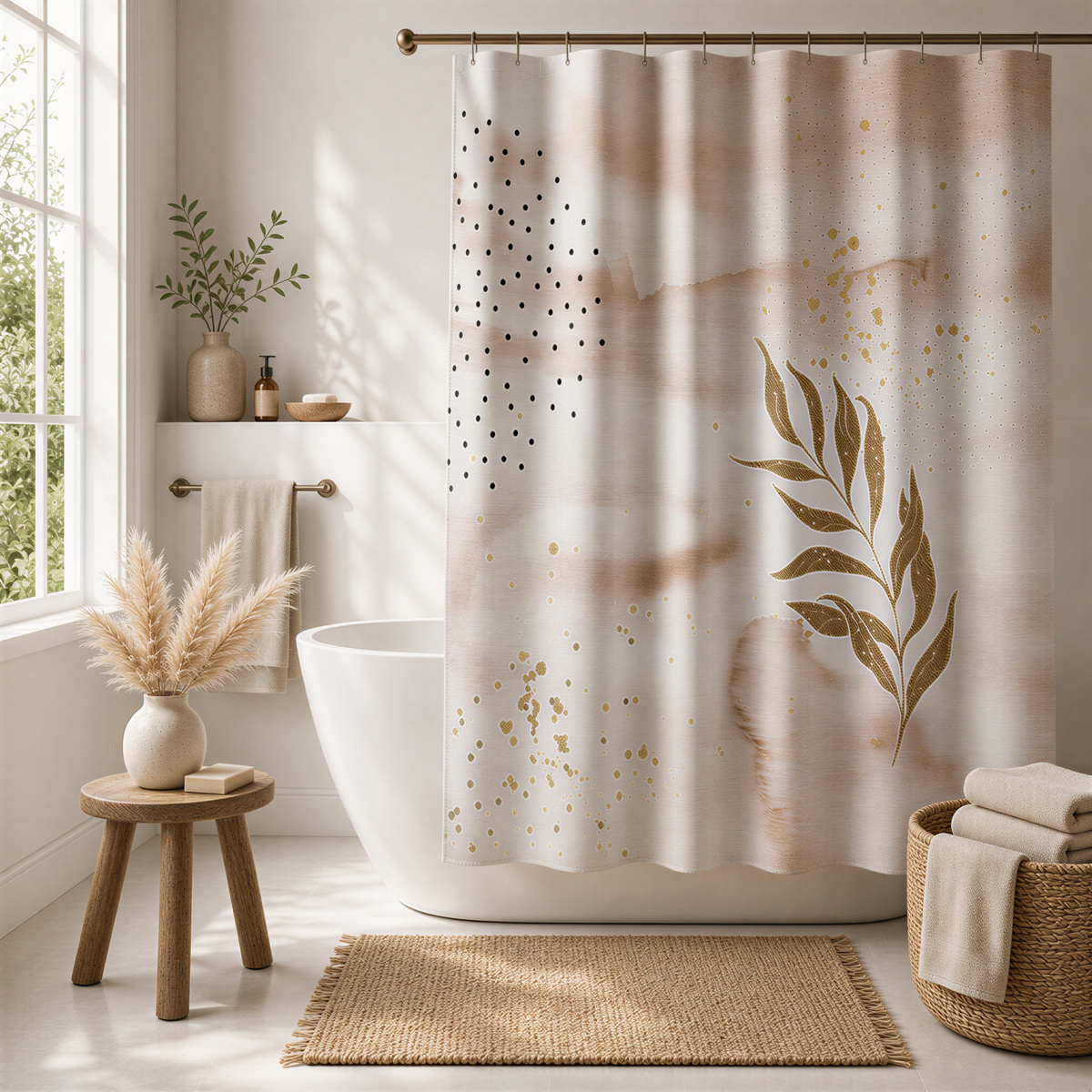 a serene and well-organized bathroom with a shower curtain featuring a leaf design, a white bathtub, and a wooden stool.