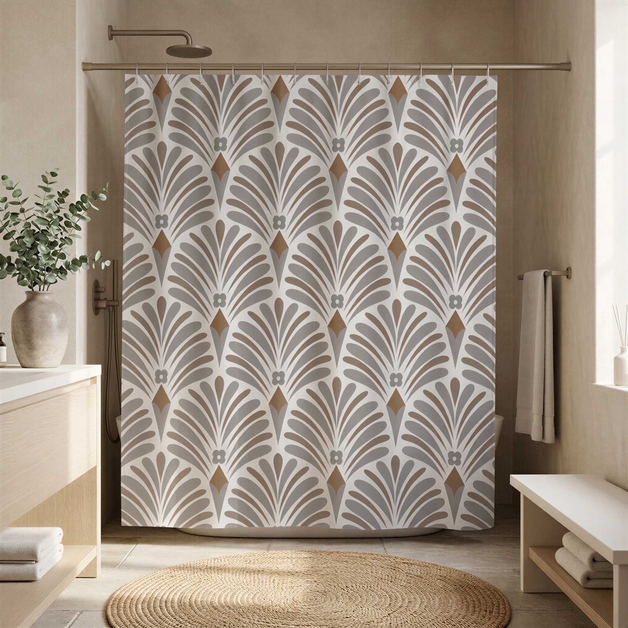 a bathroom with a shower curtain adorned with a repeating pattern of stylized leaves and flowers in shades of gray and brown. The shower curtain is hanging from a rod, and there is a rug in front of it. The bathroom also includes a sink and a towel rack.