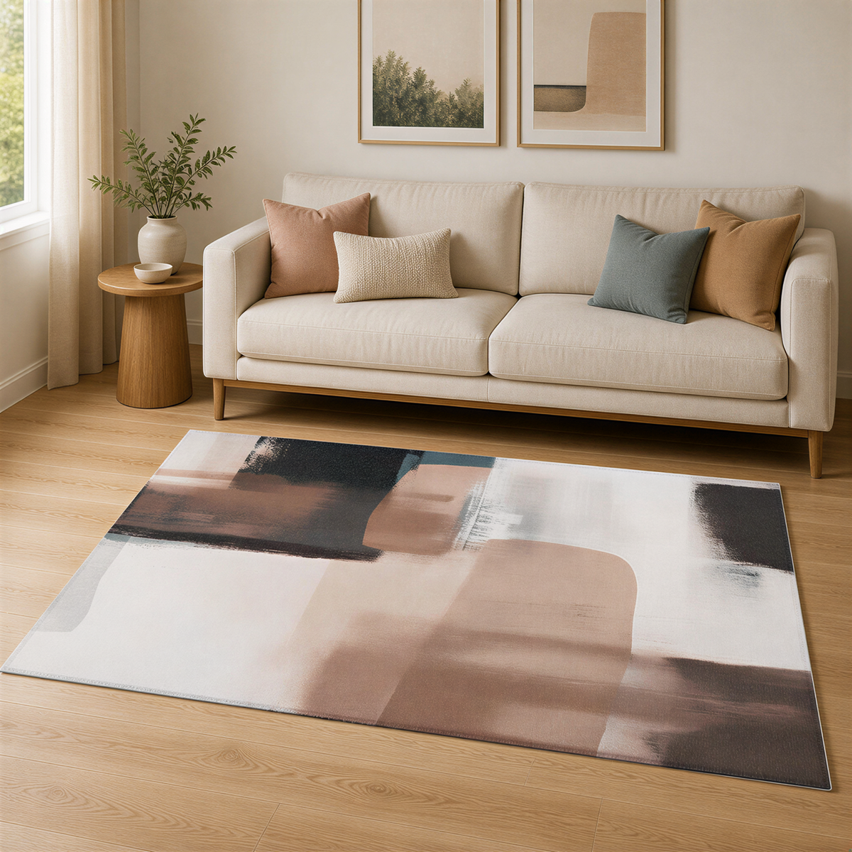 a living room with a white sofa, a wooden side table, and a large abstract rug on the floor.