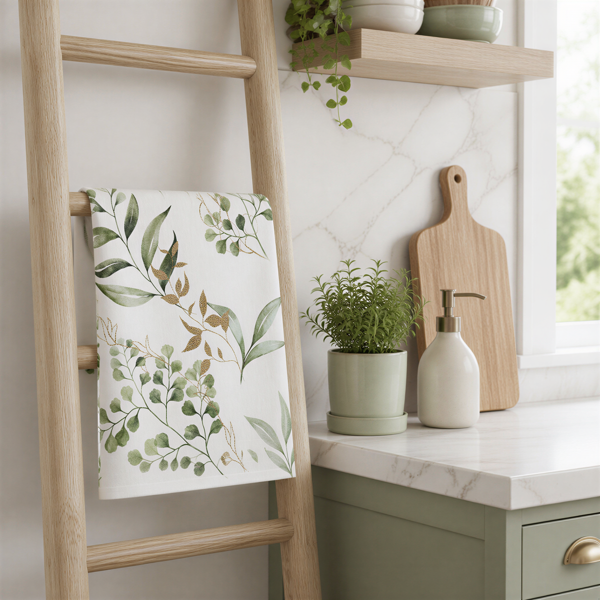 a kitchen counter with a wooden ladder, a towel with a leafy plant design, a wooden cutting board, a white soap dispenser, and a potted plant.