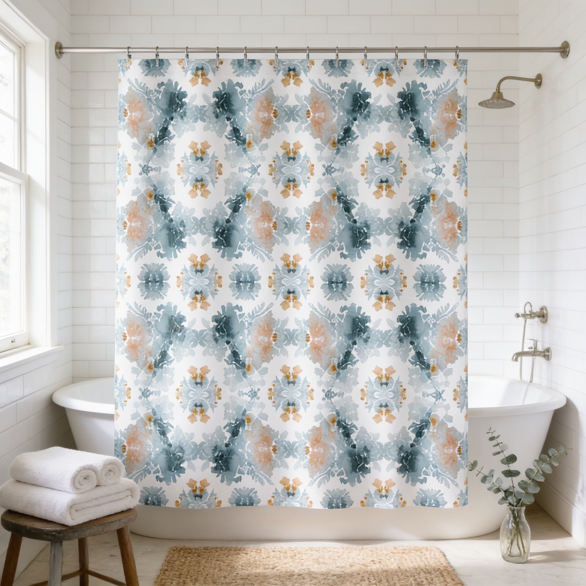 a bathroom with a white bathtub, a shower curtain with a floral pattern, and a wooden stool.