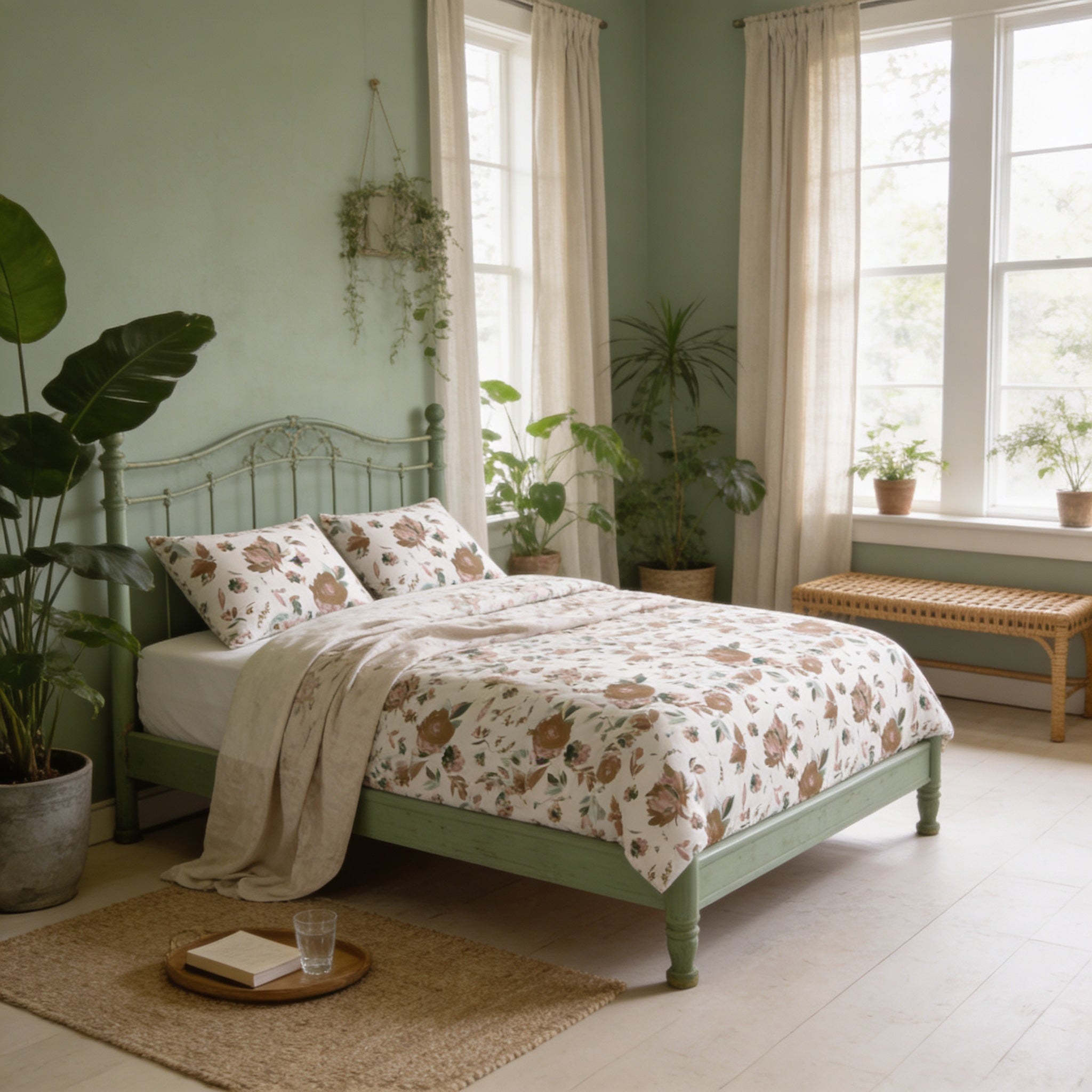 A cozy bedroom with a floral bedspread, a wooden headboard, and several potted plants. The room has a green color scheme and features a large window with curtains, allowing natural light to fill the space.