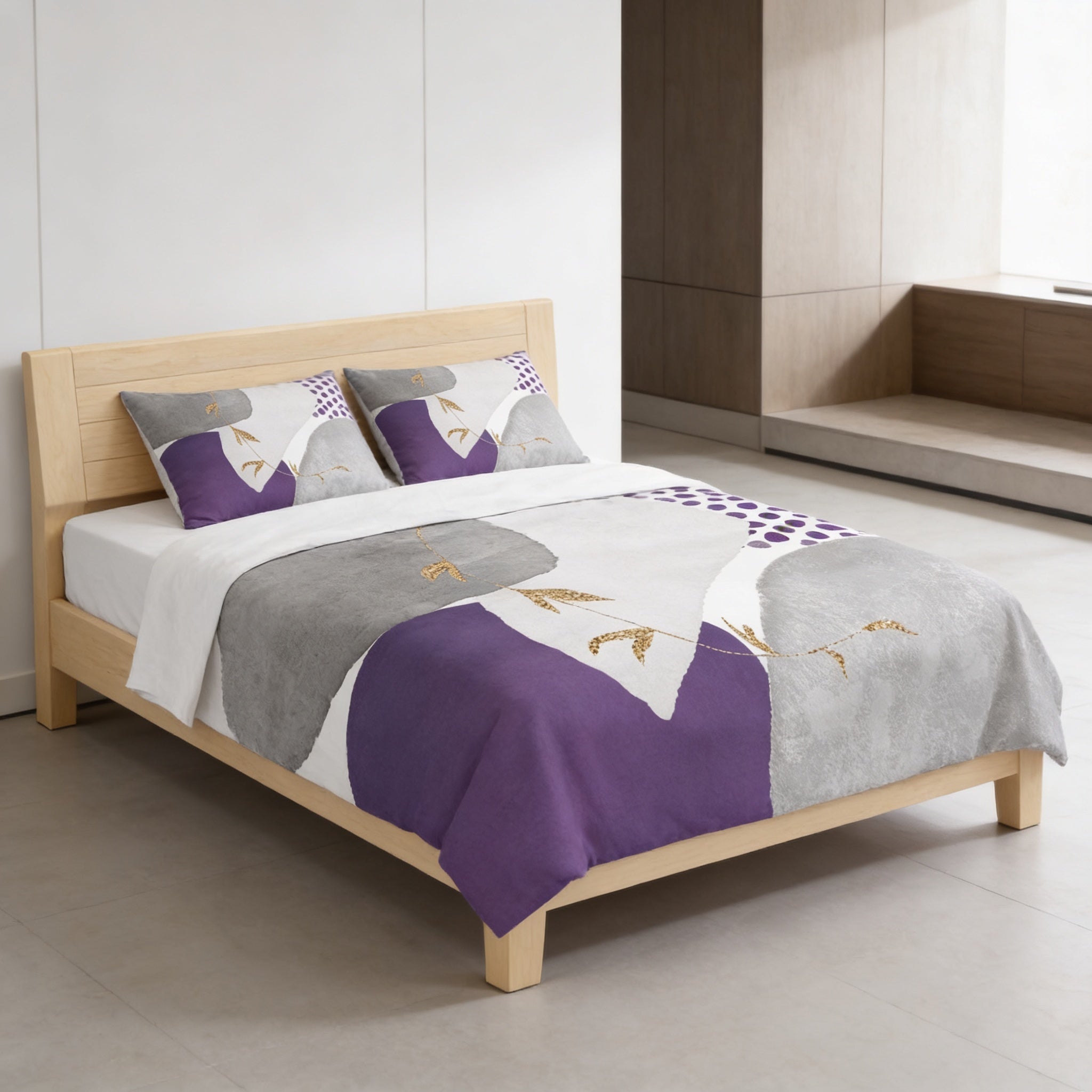a modern bedroom with a wooden bed frame and a purple and gray patterned comforter. The bed is positioned against a white wall, and there is a window in the background.