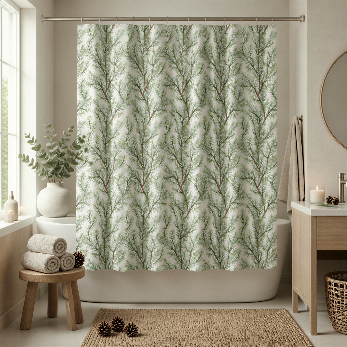 a bathroom with a shower curtain featuring a green pine tree pattern. The bathroom is well-decorated with a wooden stool, a vase of greenery, and a potted plant. The overall color scheme and arrangement of the objects create a cozy and inviting atmosphere.