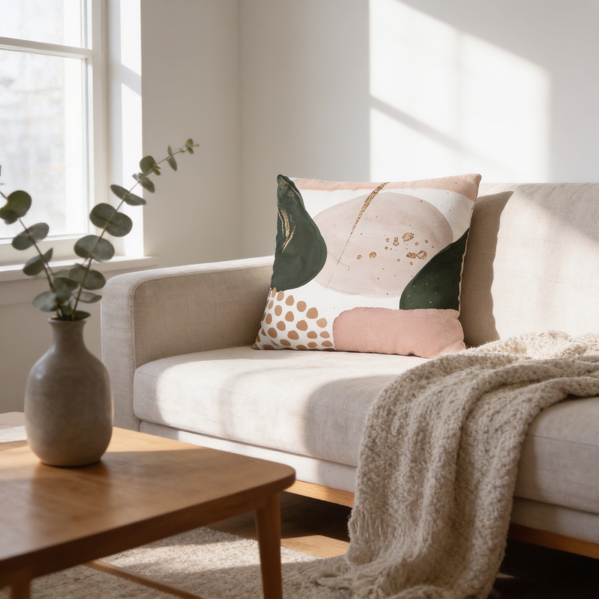 a cozy living room with a beige sofa, a wooden coffee table, and a decorative pillow with abstract patterns. The room is illuminated by natural light coming through a window, creating a warm and inviting atmosphere.