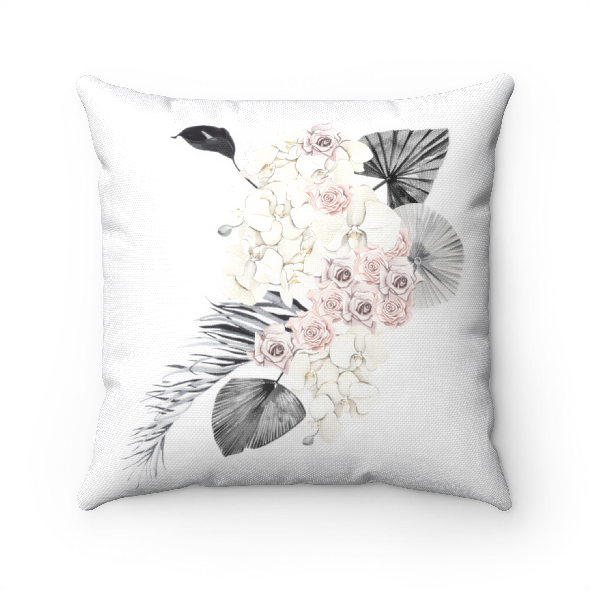 Boho Pillow Cover Grey Pink Cream Flowers styled on a sofa