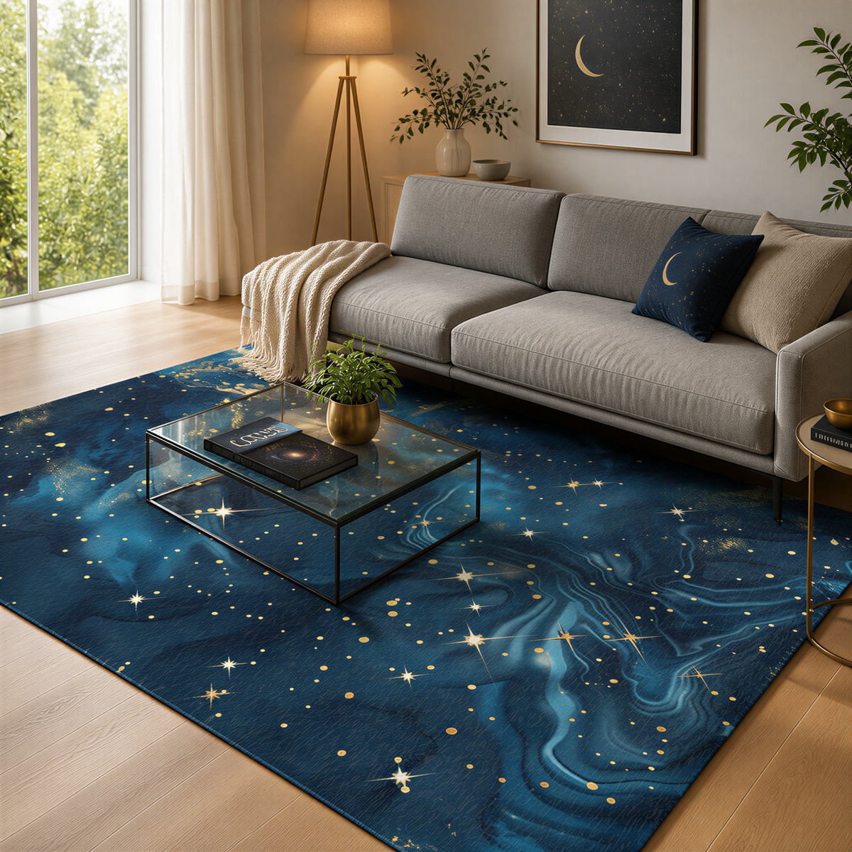 a cozy living room with a gray sofa, a glass coffee table, and a blue starry rug on the floor. The room is illuminated by natural light coming through a window, and there are plants and a lamp adding to the warm and inviting atmosphere.