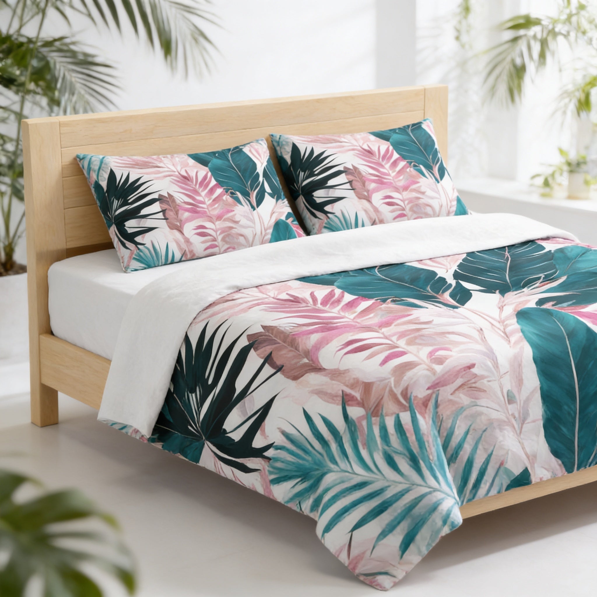 a bed with a tropical leaf print bedspread and matching pillows, set against a backdrop of lush green plants.