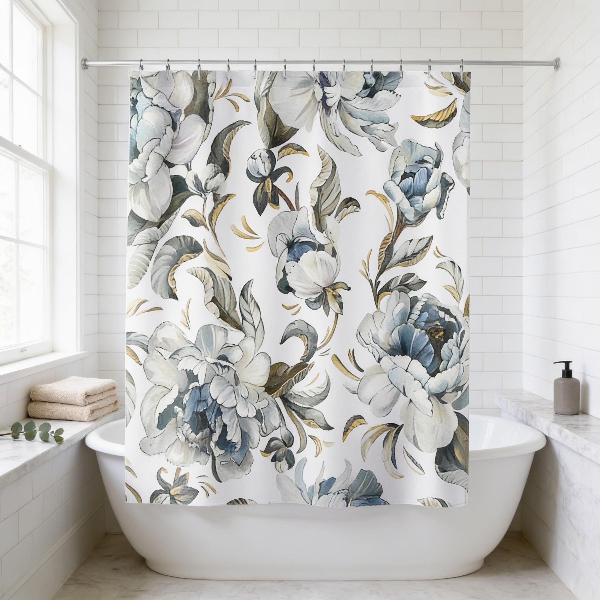 a bathroom with a white bathtub and a shower curtain with a floral pattern in shades of blue and white.