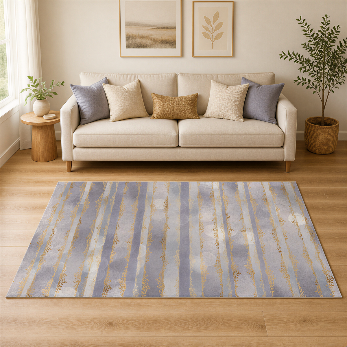 a cozy living room with a beige sofa, a wooden side table, and a large area rug with a striped pattern in shades of blue and gray. The room is decorated with a potted plant, a picture frame, and a plant in a basket, creating a warm and inviting atmosphere.