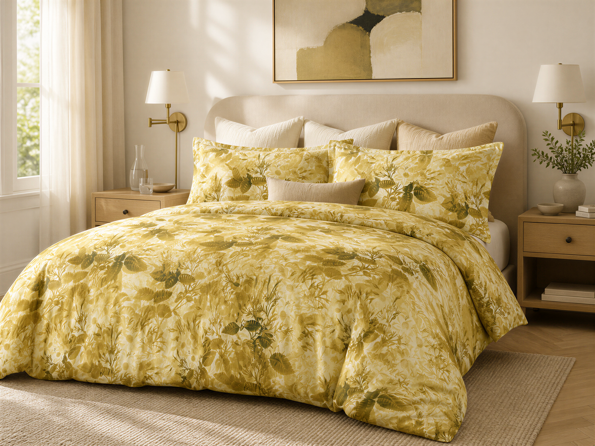 a cozy bedroom with a large bed adorned with a yellow and green floral comforter and matching pillows. The bed is framed by a white headboard and flanked by two nightstands with lamps. Above the bed, there is a painting on the wall. The room has a warm, inviting atmosphere with its neutral color palette and natural light coming in from a window.