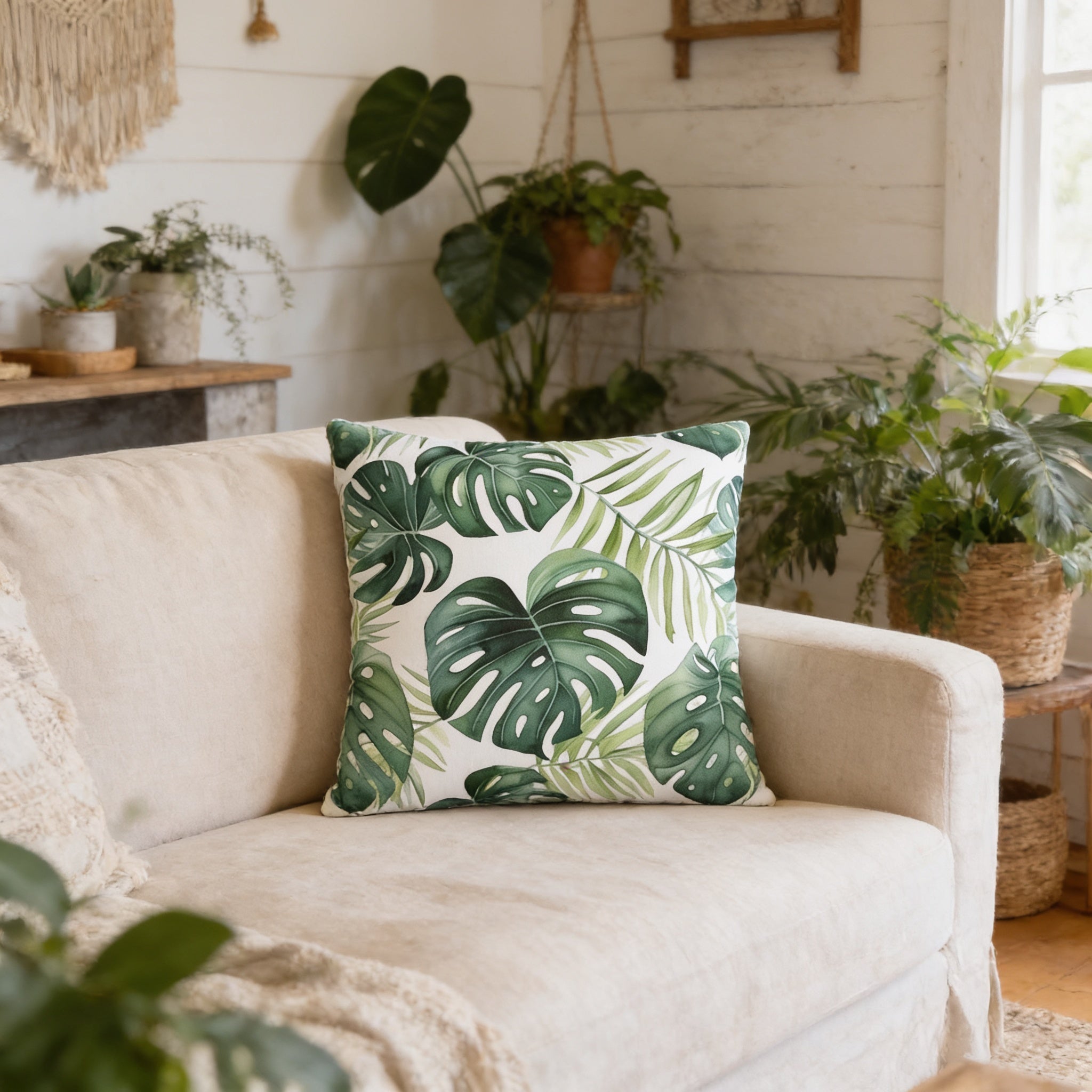 a living room with a beige sofa adorned with a throw pillow featuring a tropical leaf pattern. The room is decorated with various potted plants, creating a lush and vibrant atmosphere.