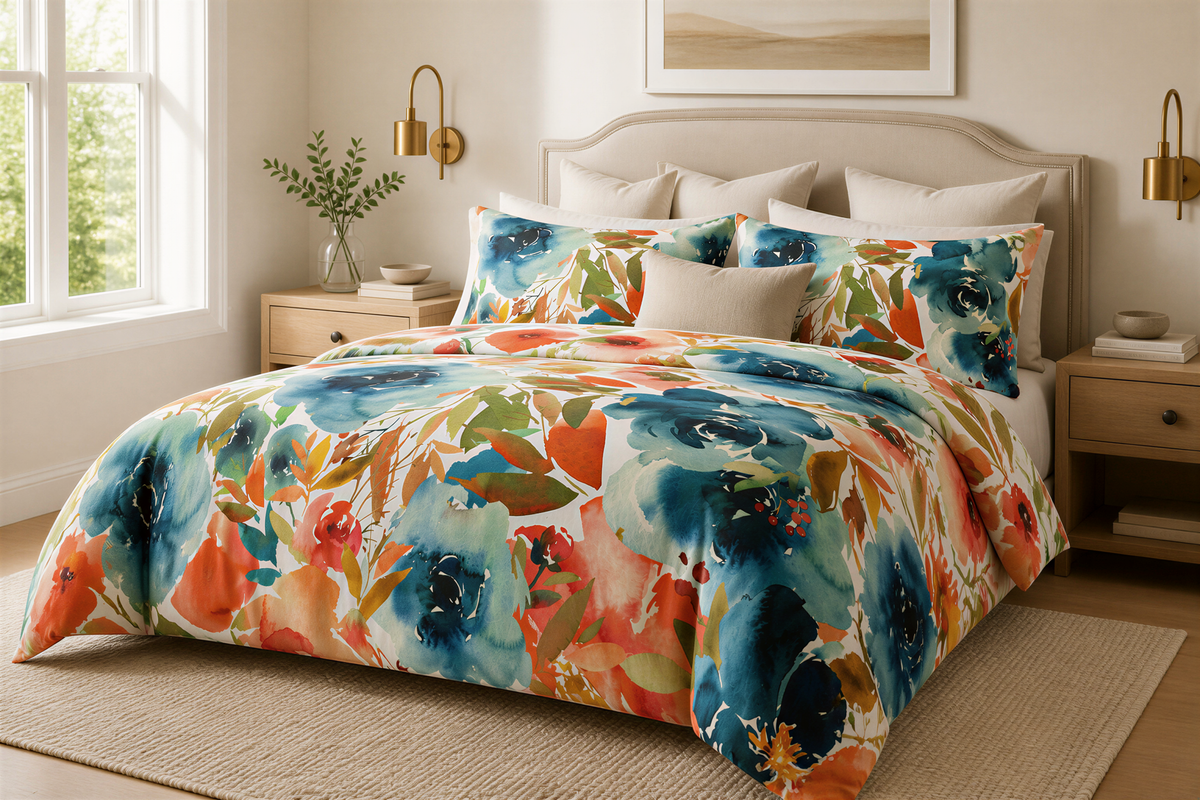 a bedroom with a large bed covered in a colorful floral comforter. The bed is flanked by two nightstands, each with a lamp and a vase of flowers. The room has a neutral color scheme with a large window providing natural light.