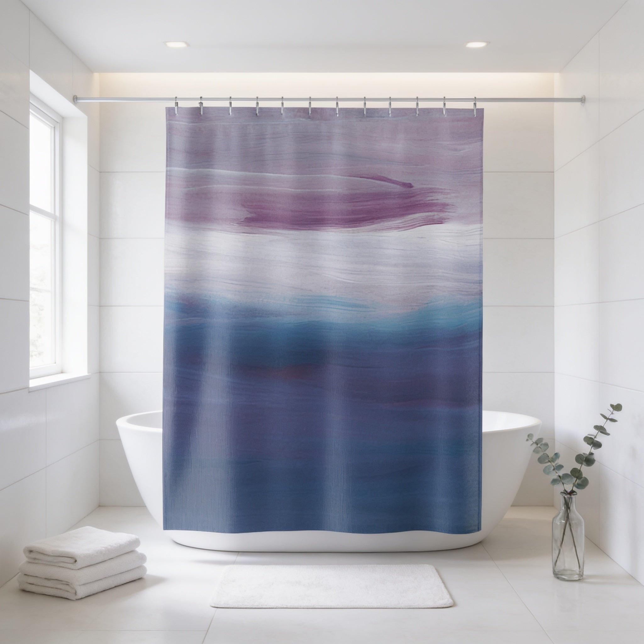 a bathroom with a white bathtub, a shower curtain with a gradient of blue and purple colors, and a small vase with greenery on the floor.