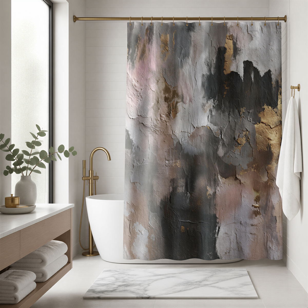 a modern bathroom with a large abstract painting on the wall above a freestanding bathtub. The bathroom features a marble floor, a white sink, and a large window.