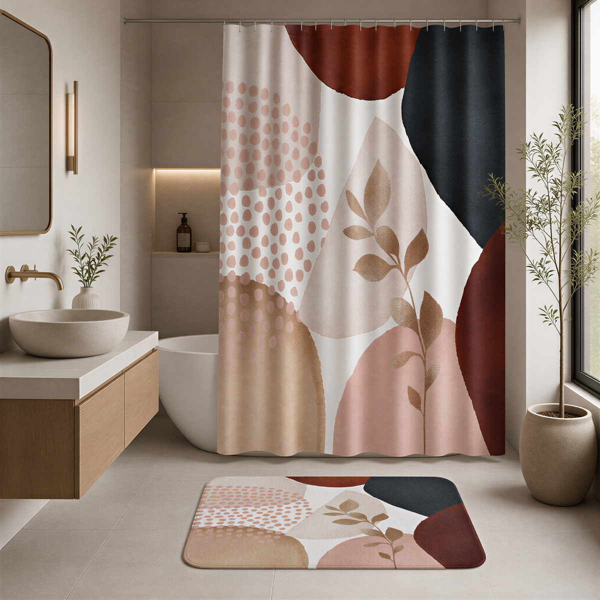 a modern bathroom with a large abstract shower curtain featuring a mix of pink, brown, and black colors. The bathroom is well-decorated with a white sink, a large mirror, and a potted plant. The overall design and color scheme create a stylish and contemporary atmosphere.