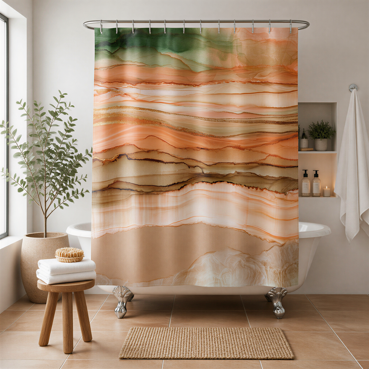 a bathroom with a large, colorful abstract painting hanging on the wall above a white bathtub. The painting features a gradient of orange, green, and brown colors, creating a vibrant and lively atmosphere. The bathroom also includes a small plant, a wooden stool, and a rug, contributing to the overall aesthetic and design of the space.