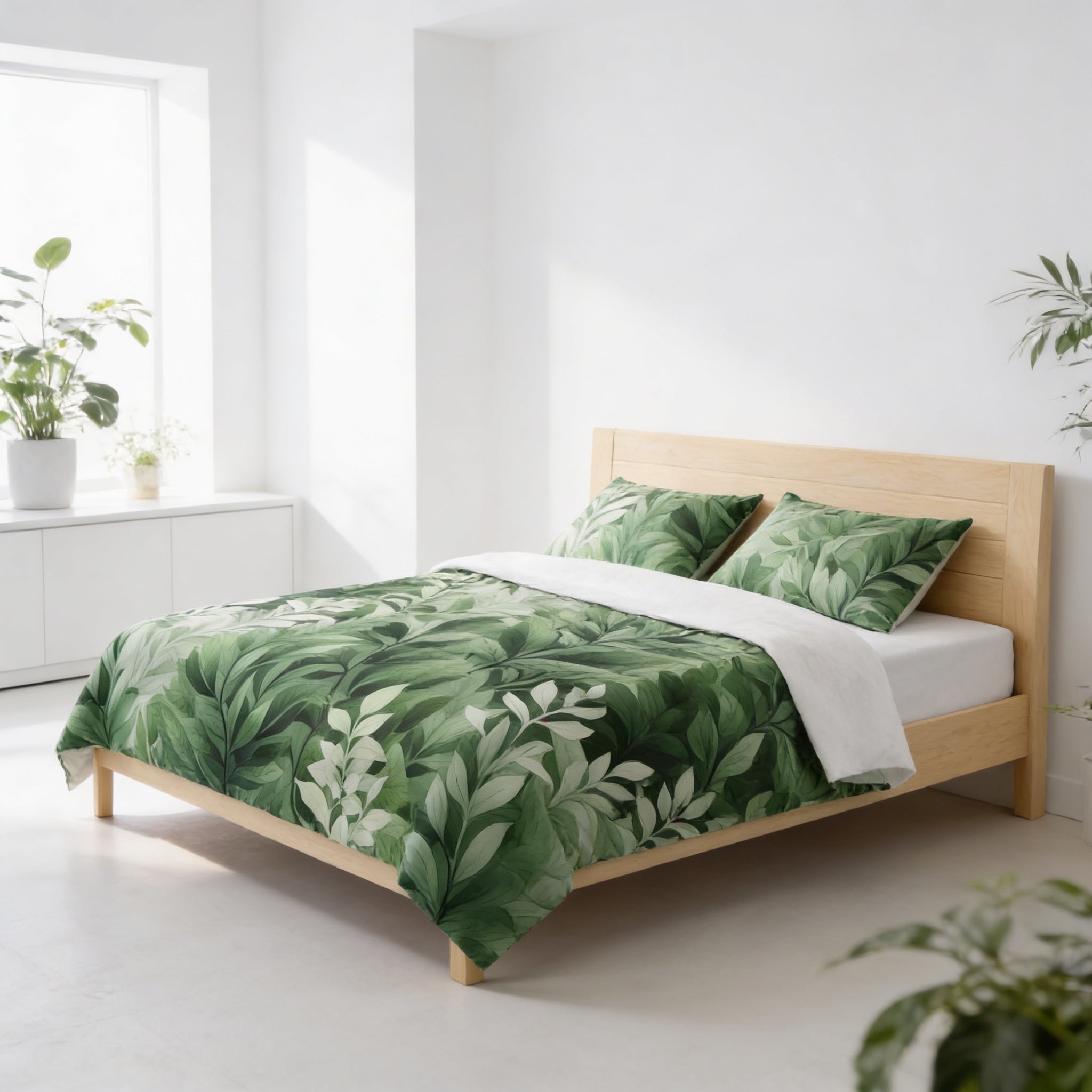 a bedroom with a bed covered in a green leafy patterned comforter and pillows. The bed is positioned against a white wall, and there are two potted plants in the room, one on the left side and the other on the right side.