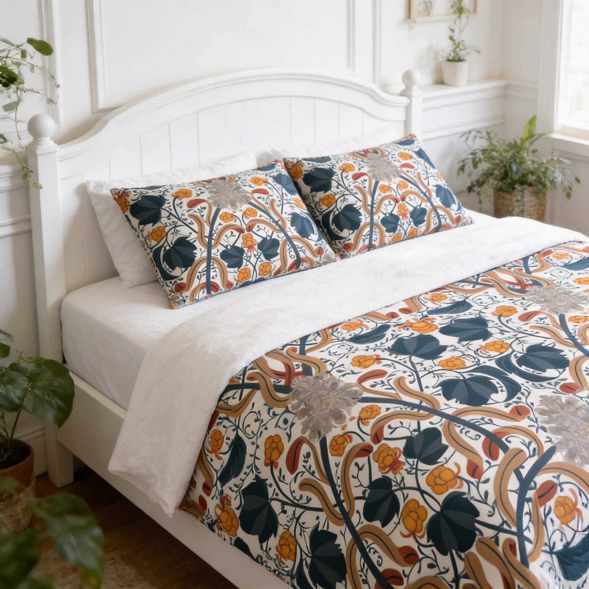 a bedroom with a white wooden headboard and a bed covered in a floral patterned comforter and pillows. The room also has potted plants and a window, creating a cozy and inviting atmosphere.
