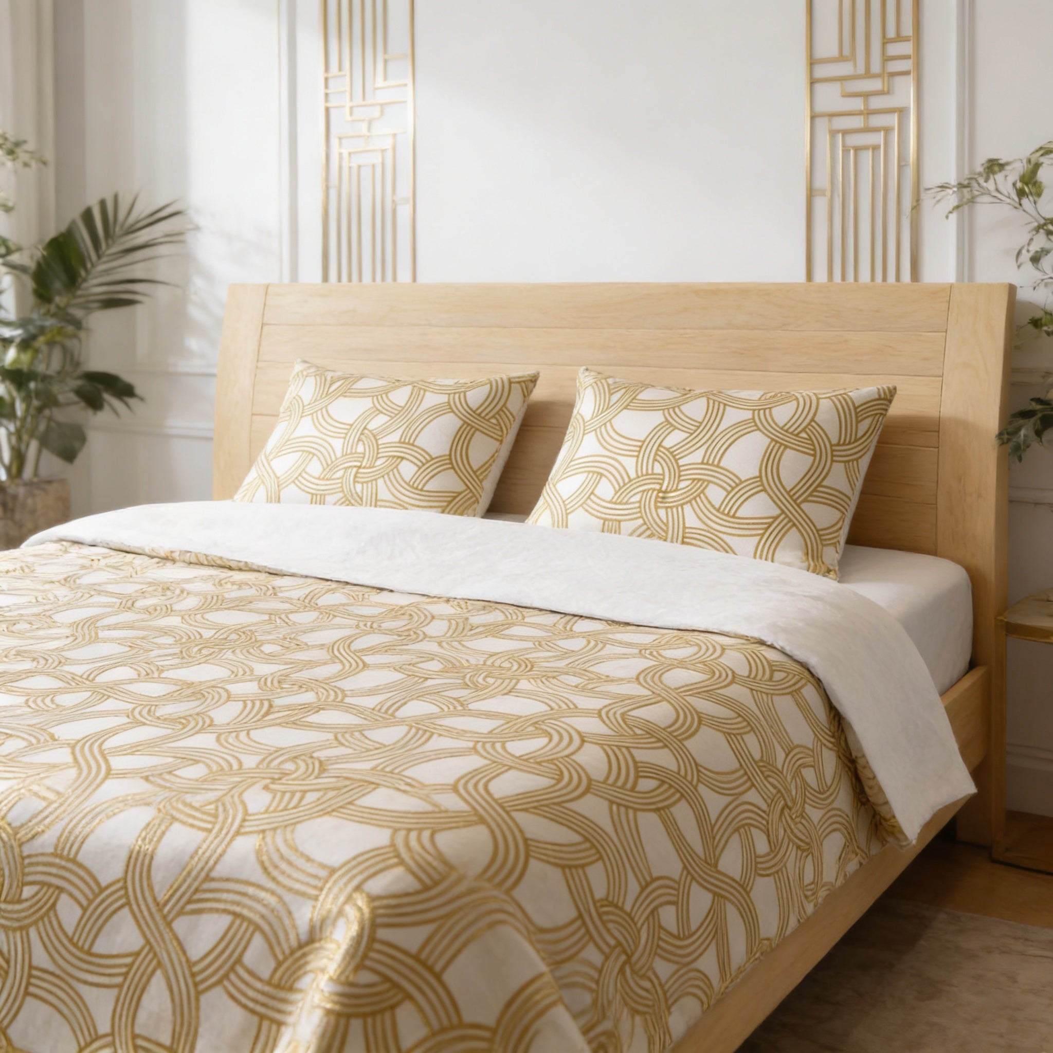 a well-made bed with a wooden headboard and a white comforter featuring a gold and white patterned design. The bed is set against a white wall with decorative gold elements.
