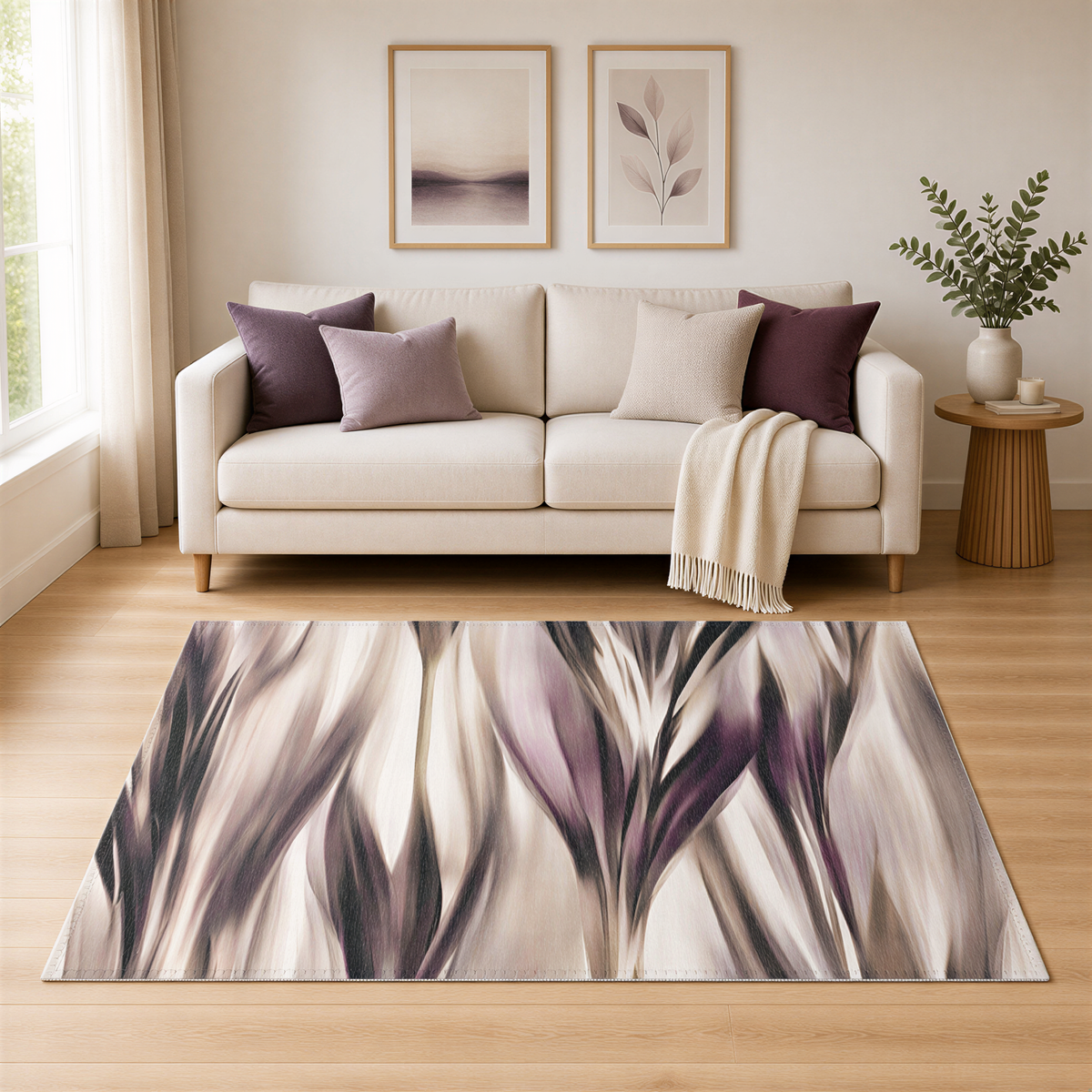 a living room with a beige sofa, a large abstract rug, and two framed paintings on the wall.