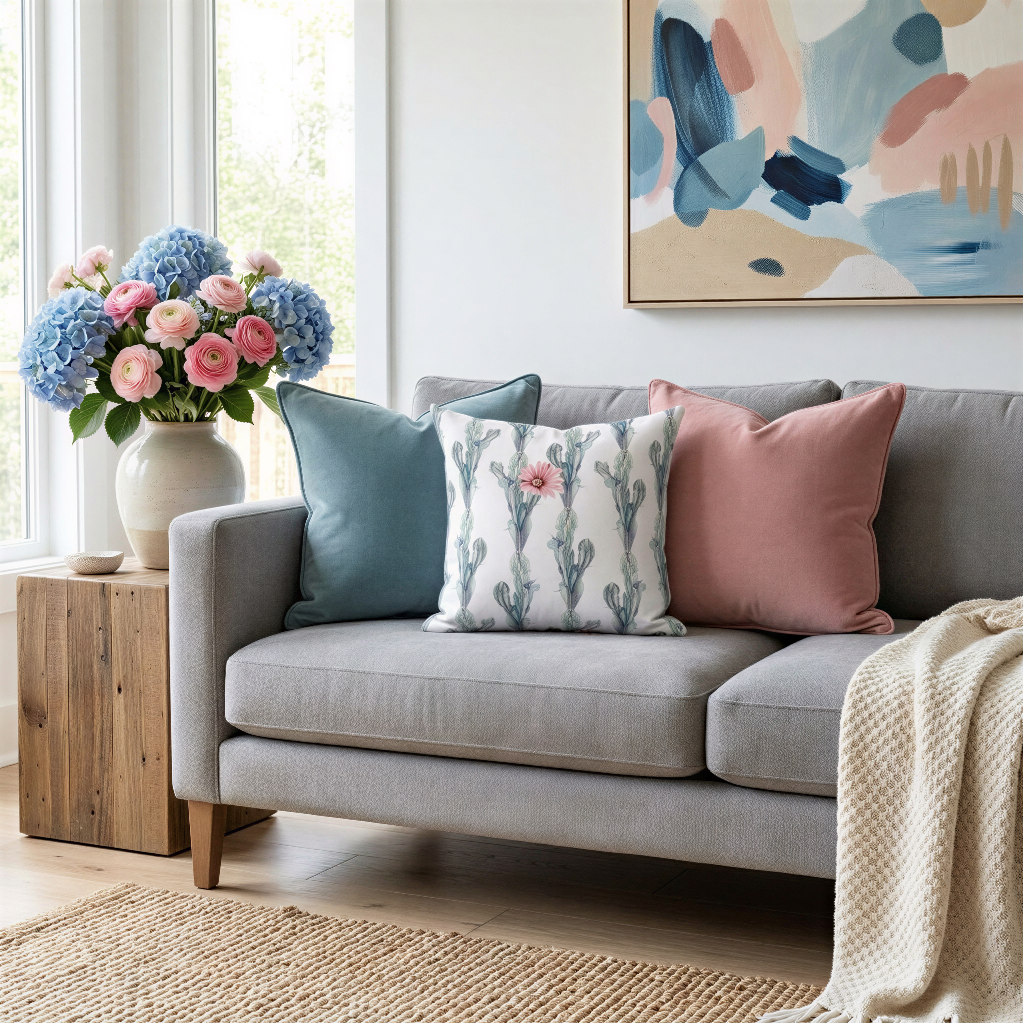 a cozy living room with a gray sofa adorned with colorful throw pillows, a wooden side table, and a vase of pink and blue flowers. The room is illuminated by natural light coming through a window, and there is a painting hanging on the wall.