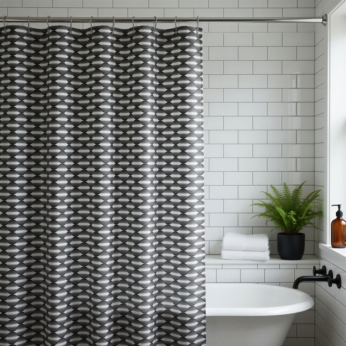 a bathroom with a white bathtub, a black and white patterned shower curtain, and a potted plant on the windowsill.