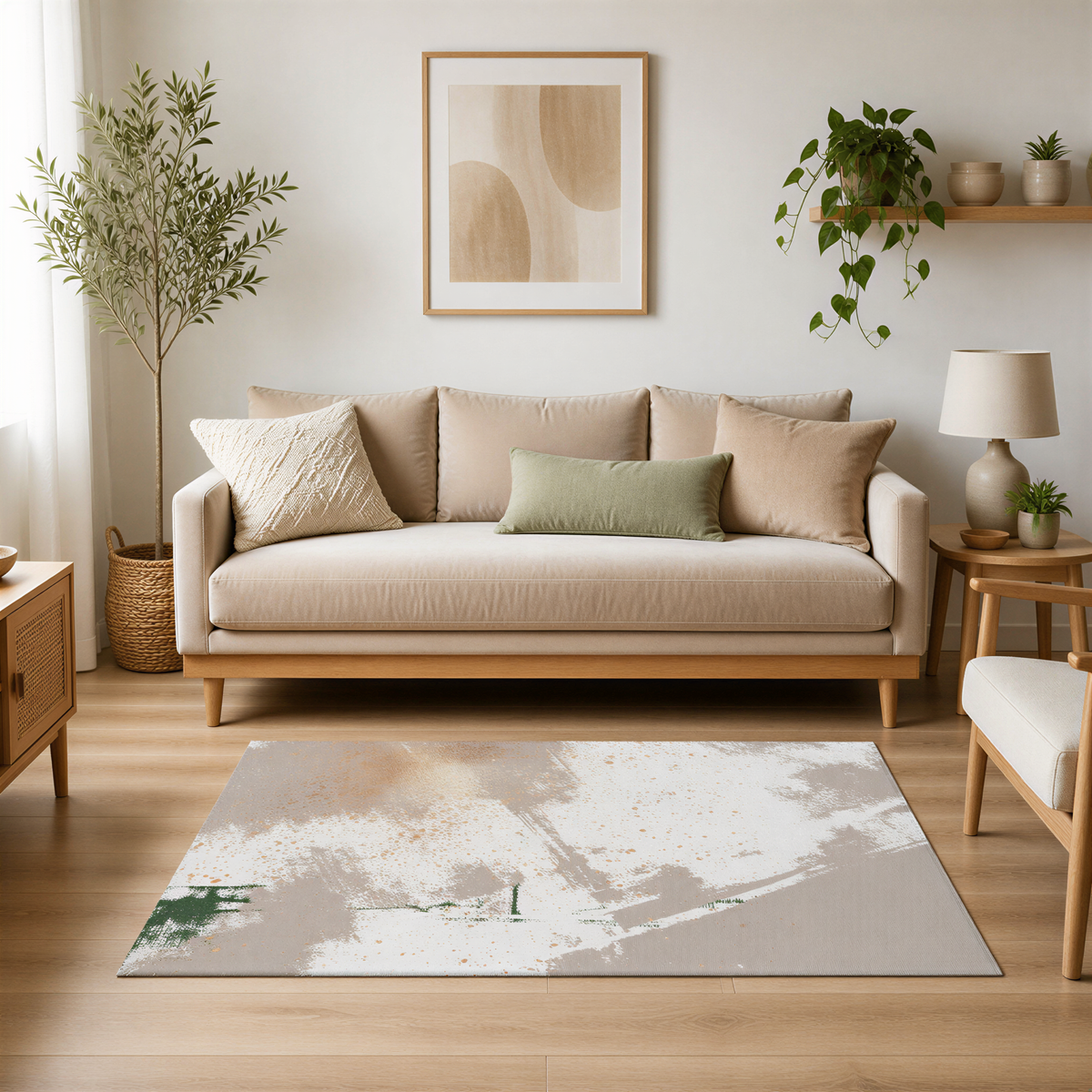 a cozy living room with a beige sofa, a wooden coffee table, and a large abstract rug on the floor. The room is decorated with potted plants, a painting on the wall, and a lamp on a side table.