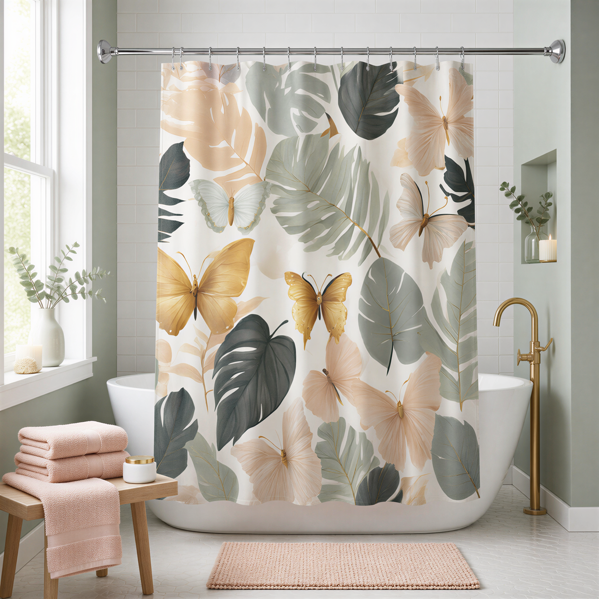 a bathroom with a shower curtain featuring a tropical leaf pattern in shades of green, yellow, and pink. The shower curtain is hanging from a rod above a white bathtub. The bathroom also includes a wooden bench, a pink rug, and some decorative elements such as a vase and a candle.