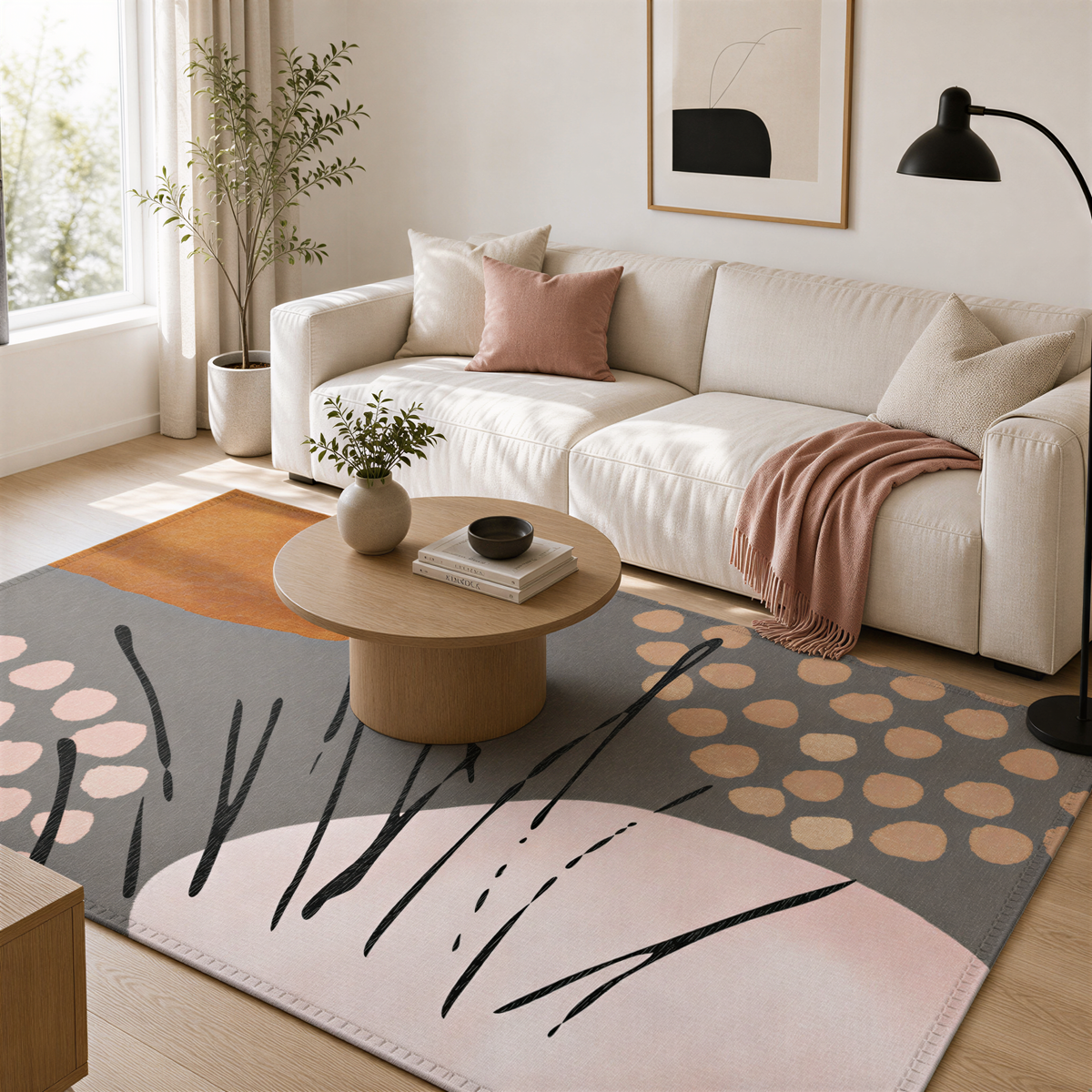 a modern living room with a white sofa, a wooden coffee table, and a colorful abstract rug on the floor.