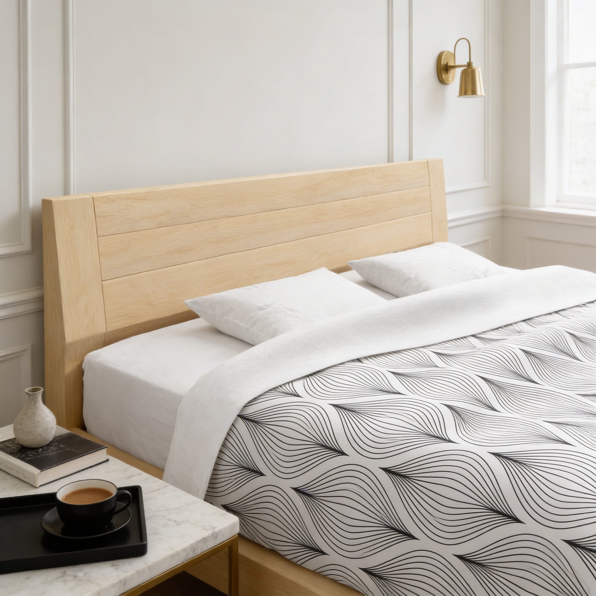 a serene and modern bedroom with a wooden bed frame, white bedding, and a black coffee cup on a tray.