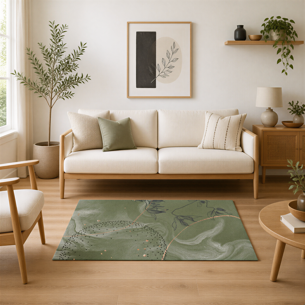 a cozy living room with a white sofa, a wooden coffee table, and a green area rug. The room is decorated with various plants, vases, and a framed artwork on the wall.