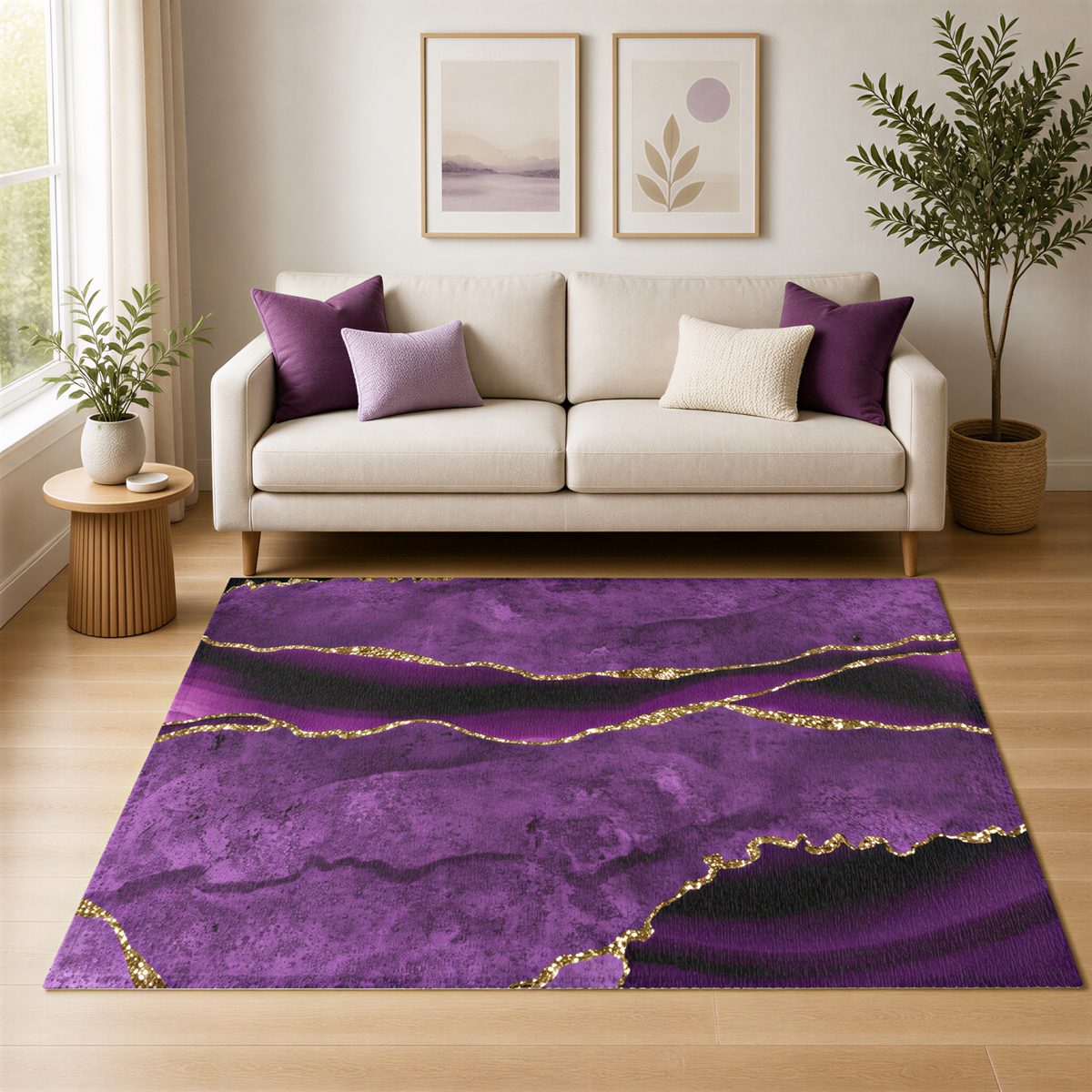 a living room with a white sofa, a large purple and black rug with gold accents, and two framed pictures on the wall.