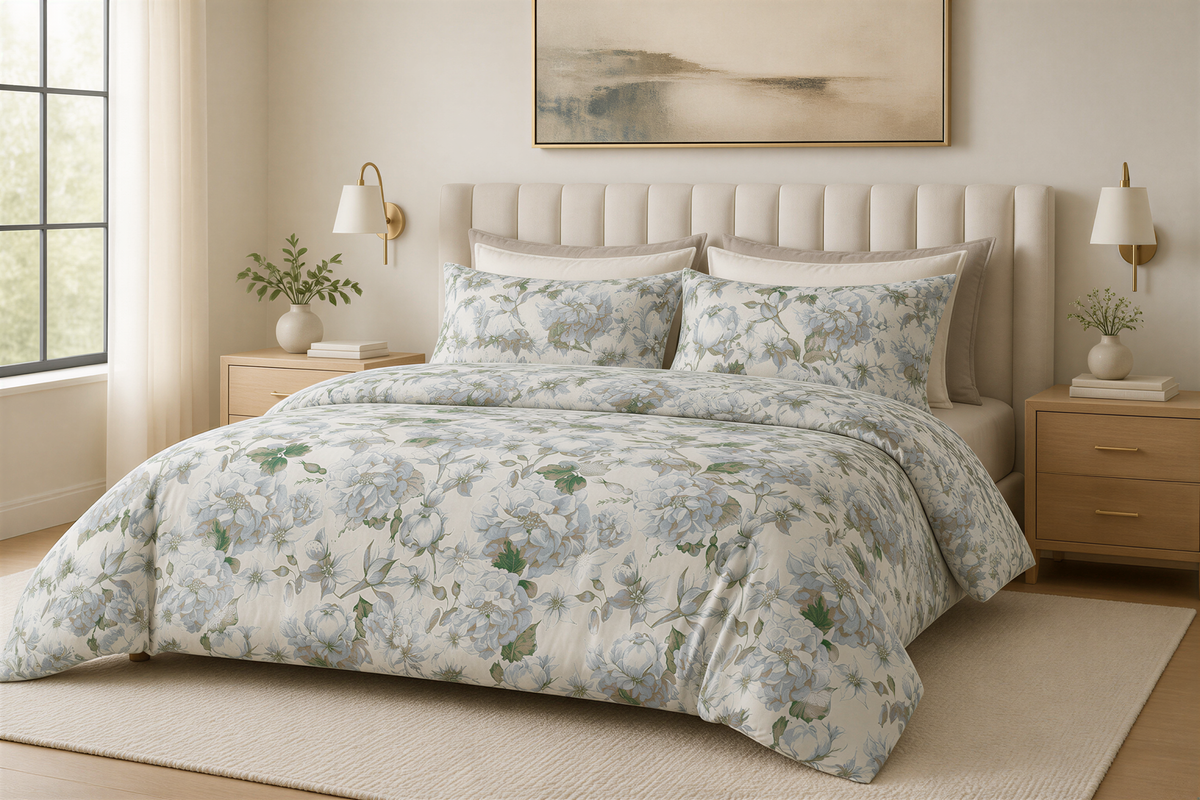 a serene and well-decorated bedroom with a large bed, a nightstand on each side, and a painting above the bed. The bed is covered in a floral comforter and has matching pillows. The room has a neutral color scheme with white walls and a beige carpet, creating a calm and inviting atmosphere.