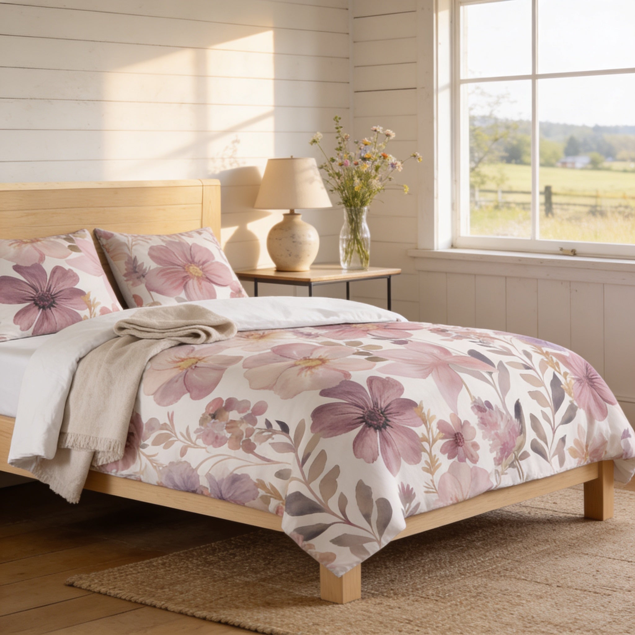 a cozy bedroom with a floral bedspread, a wooden headboard, and a window overlooking a rural landscape.